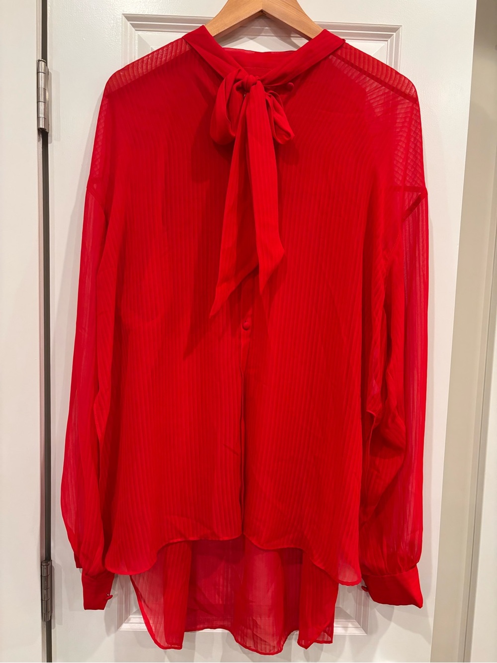 Babaton Red Tie-Neck Sheer Long-Sleeve Blouse